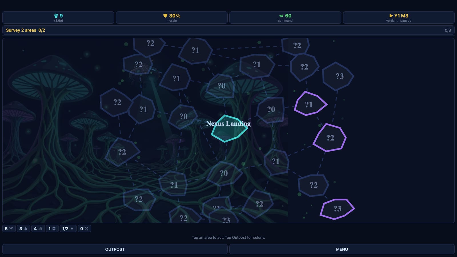 The map in the first build: bare outlines with survey costs in them