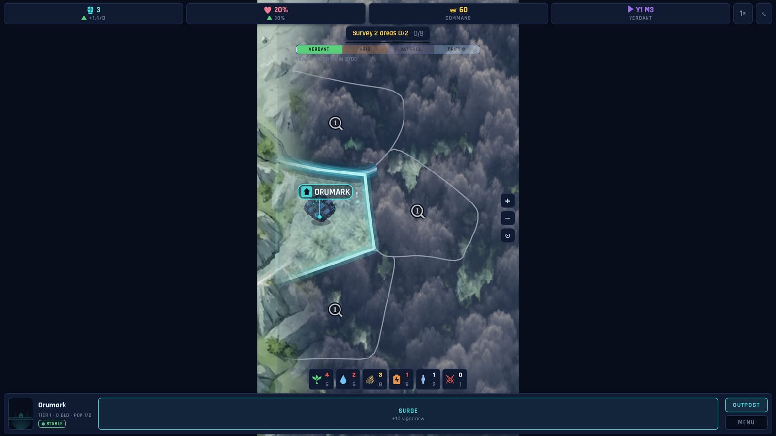 A run in progress, with the season bar and quest counter along the top