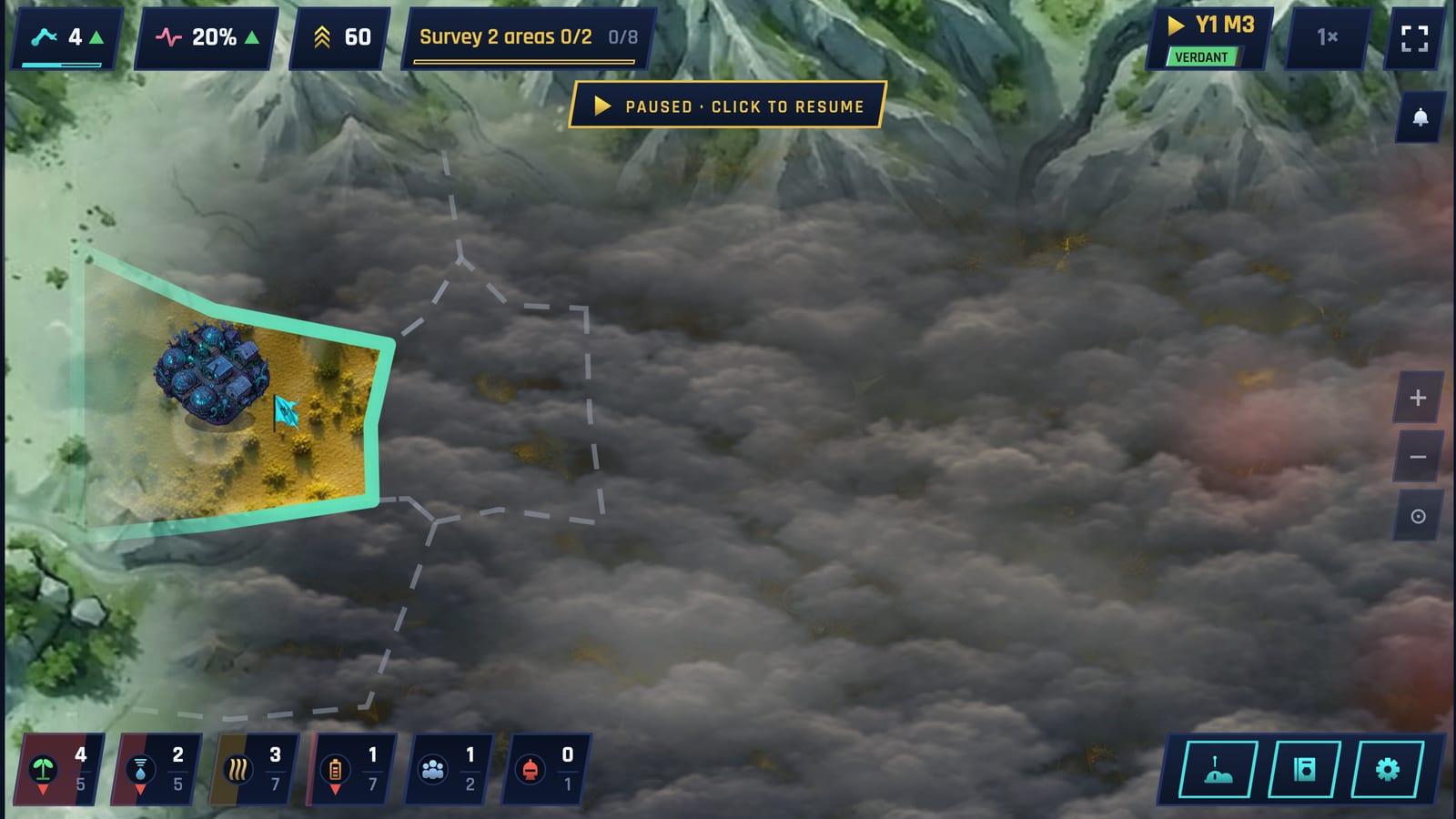 The decluttered map, with glyph chips along the top and badges thinned out