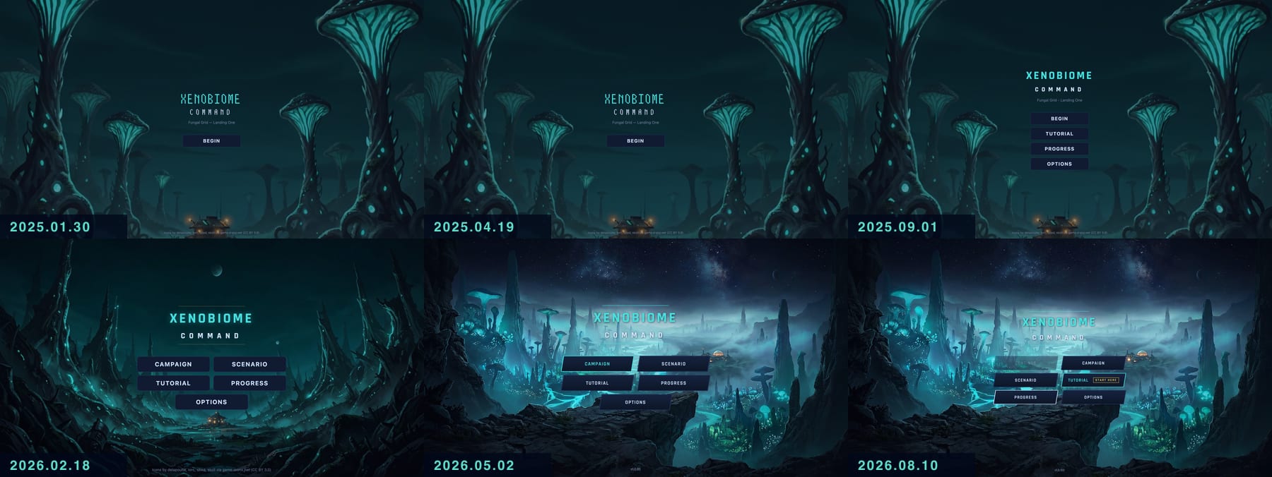 The Xenobiome Command main menu at six points in development, oldest first