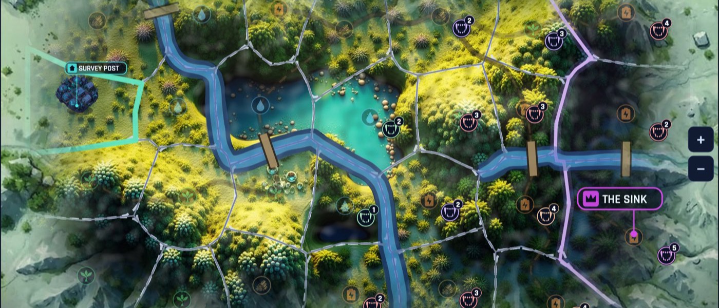 The Fungal Grid map: dense teal spore forest cut by pale corridors