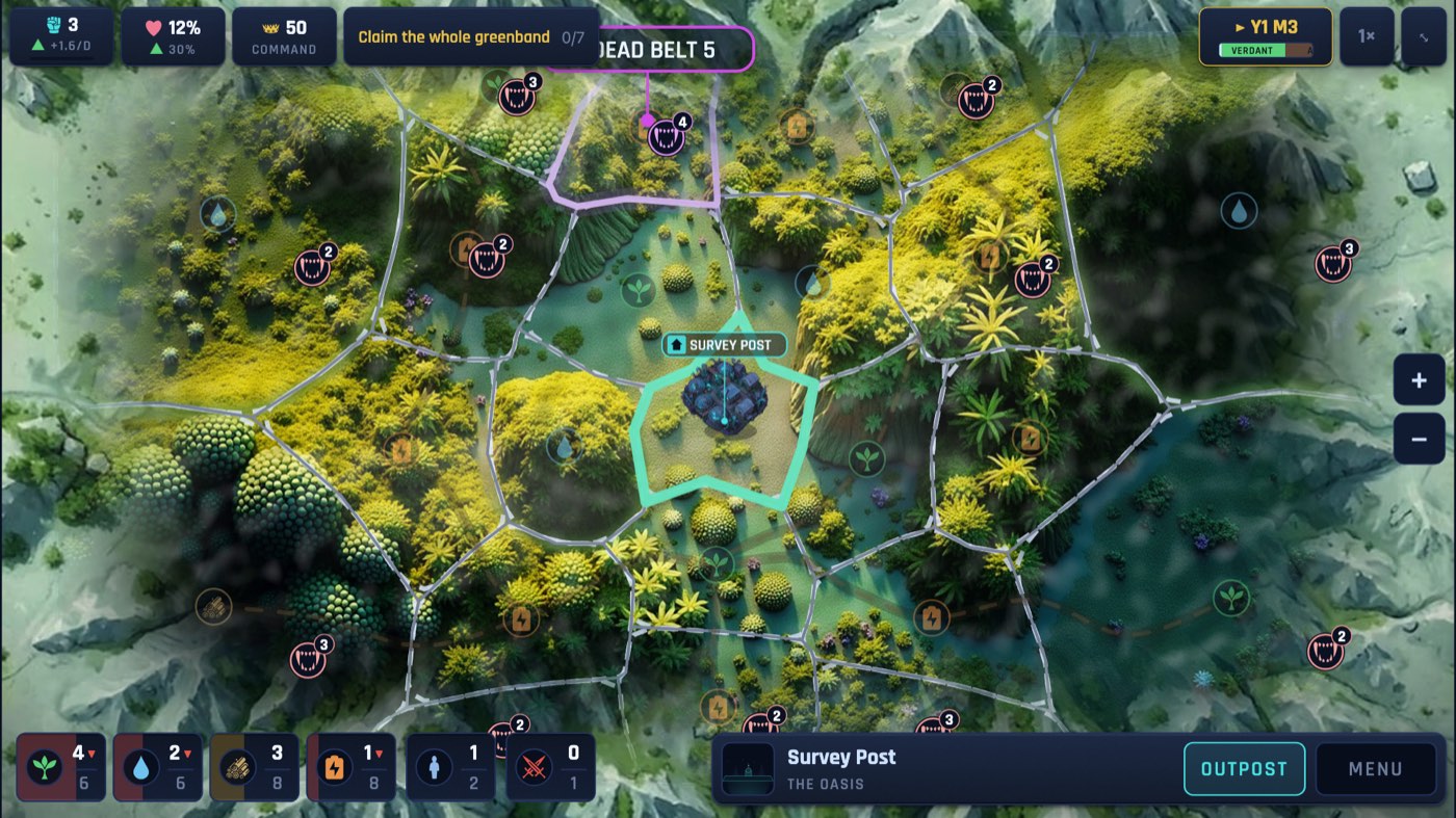 Survey map of The Oasis: claimed territory outlined in green, feral packs marked across a painted valley